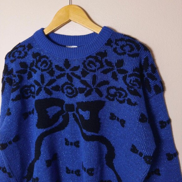 Vintage Sweaters - Blue Acrylic Bow Motif Sweater